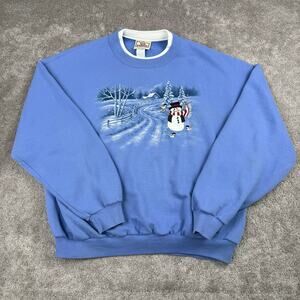 Vtg Snowman Sweatshirt Winter Scene Size 3XL Blue Holiday Cute Cozy Grandma